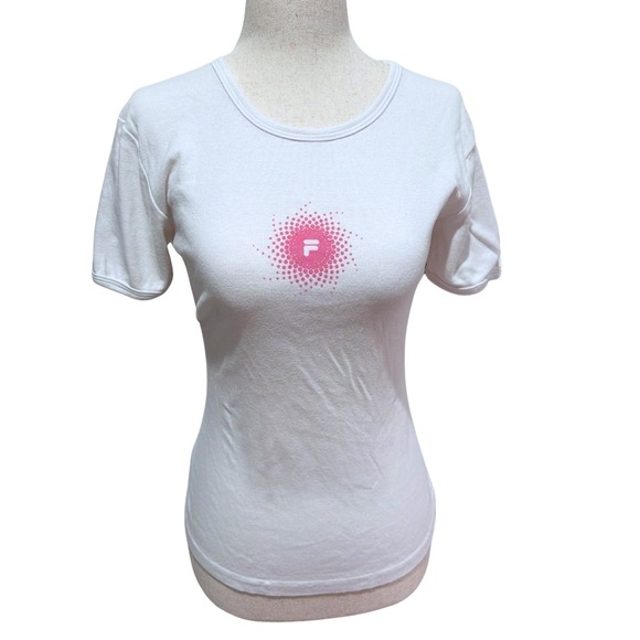 Fila Tops - 90s Fila White Pink Dot Velvet Logo Short Sleeve Baby Tee Shirt Size Large
